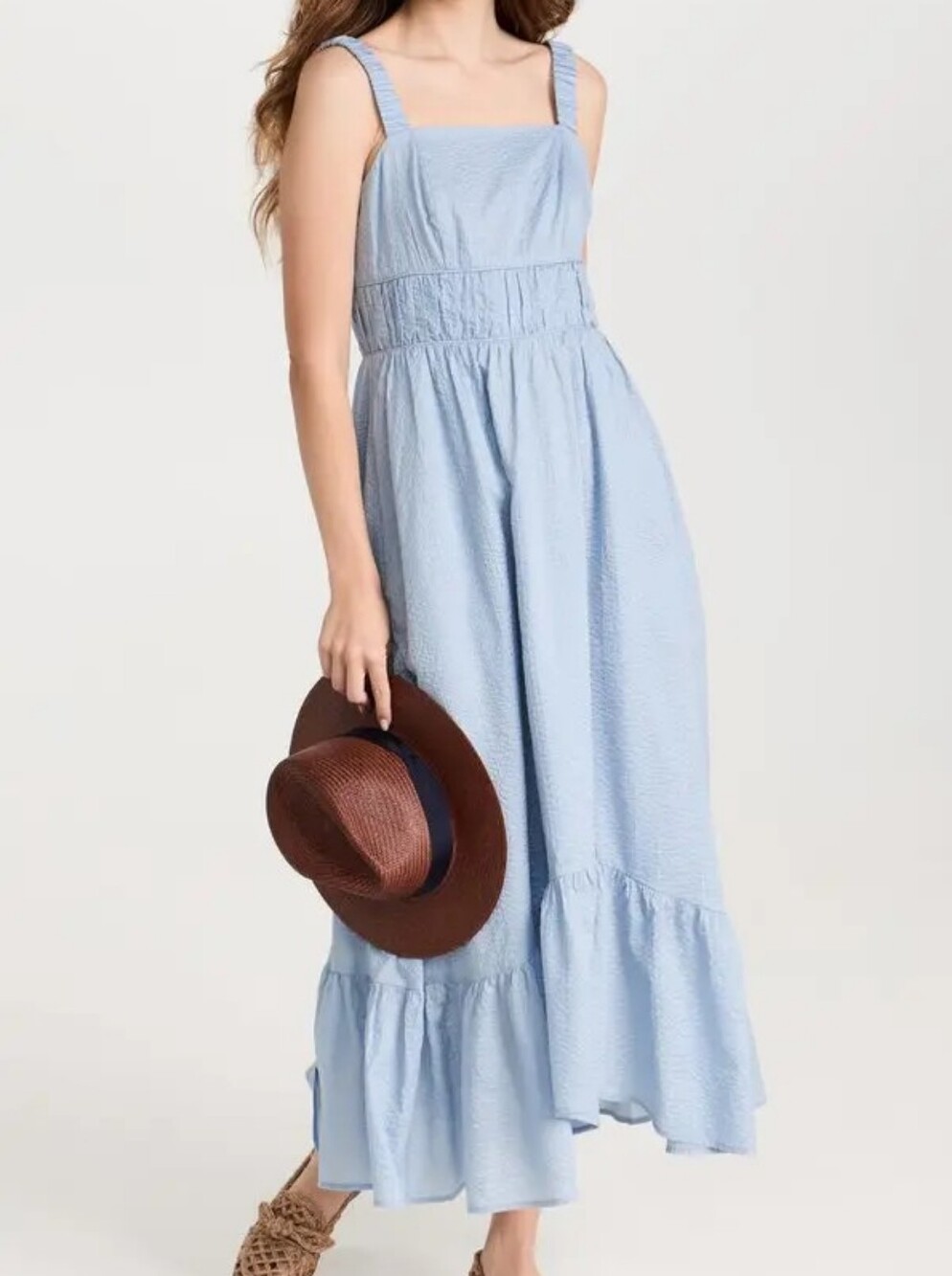 NEW AYR Shirred Blue Cotton Seersucker Tiered Ruffle Midi Large